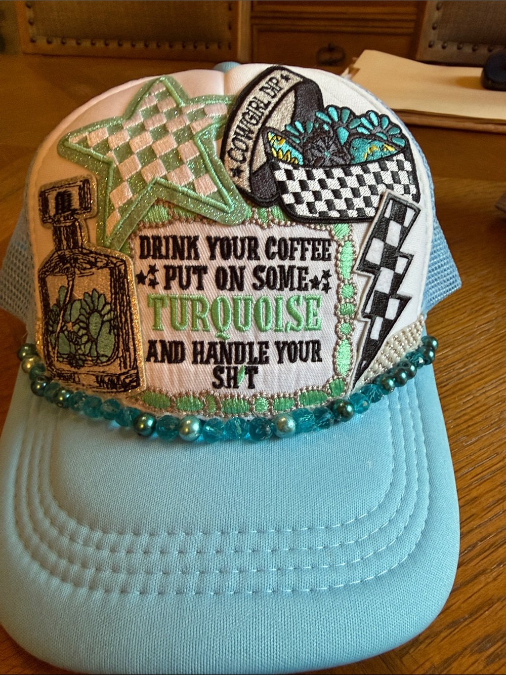 Turquoise Embellished Trucker Hat - Beaded Patch Design